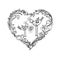 Two love birds with heart floral ornament. Love print concept. monochrome Vector EPS 10 illustration.