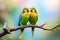 Two love birds perched on branch of tree. Colorful parrots.