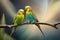 Two love birds perched on branch of tree. Colorful parrots.