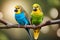 Two love birds perched on branch of tree. Colorful parrots.