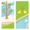 Two lovely birds spring card with tree and couple vector fall in love fly animals kissing with hearts yellow birds