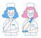 Two lovely nurses in medical white uniforms, wearing a mask and eyes closed. One female healthcare provider has blue