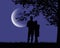 Two lovers embracing and looking at a luminous moon under a romantic purple night sky with stars