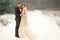 Two lovers in the forest, a happy couple, hugging, craving. smile, bride and groom. wedding in winter. suit and wedding dress.