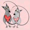 Two lovers gray mice with hearts in their paws look at each other on a pink background - the year of the rat, the