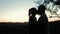 Two lovers look at each other against the background of a beautiful sunset on the high Bank of the river.