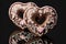 Two luxurious heart shaped chocolate doughnuts.