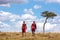 Two Maasai tribesmen walking through the Masai Mara