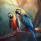Two macaws sitting on a branch in the forest. 3d rendering