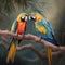 Two macaws sitting on a branch in the jungle. Vector illustration.