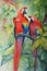 Two macaws sitting on a branch among tropical leaves. Illustration