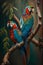 Two macaws sitting on a tree branch. Colorful exotic bird.