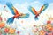 two macaws soaring in unison over tropical blooms
