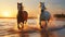 Two Magnificent Horses in a Powerful Sunset Run by the Sea. Generative AI