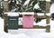 Two mailboxes in a wintery forest with blank empty signs