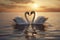 two majestic swans create a tender heart-shaped bond, serenaded by the sunset. Ai generated
