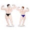 Two male bodybuilder showing a biceps. On a white background.