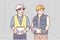 Two male builders in worker uniform look to side discussing construction process. Vector image