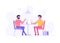 Two male colleagues chatting during coffee breaks at a table in a cafe. Modern flat vector illustration