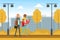 Two Male Friends Walking and Chatting in Autumn Park, Guys Drinking Beer, Male Friendship Concept Cartoon Vector