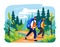 Two male hikers trekking through forest, enjoying nature. Men backpacks hiking trail, active