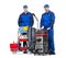 Two Male Janitors Standing With Cleaning Equipment