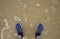 Two male legs in denim blue moccasins on the wet sand