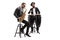 Two male musicians playing a sax and a conga drum