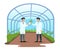 Two male scientists examining plant sample in modern glass greenhouse