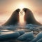 Two male walrus fight on an ice sheet at sunset