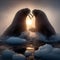 Two male walrus fight on an ice sheet at sunset