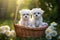 Two Maltese bichon breed dogs in a basket in the garden