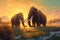 Two Mammoths silently grazing in an emerald meadow bathed in the golden morning light.. AI generation