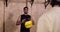 Two Man In Gym Sport Exercising Throw Ball Crossfit Training, Young Sportsman Working Out