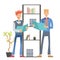 Two man office workers in casual clothes standing at the shelf with folders and holding documents. Business vector