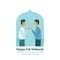 Two man salute for forgive each other during eid fitr islam holiday after breaking the fast vector flat illustration with mosque