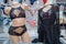 Two mannequins dressed in beautiful black lace women`s underwear in a lingerie store