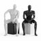 Two mannequins without faces are sitting on a black and white box. Black and white plastic 3D rendering