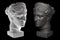 Two marble heads of young woman, ancient Greek goddess bust isolated on black background