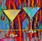 Two martinis in martini glasses are seen in a colorful digital watercolor