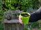 Two masculine hands are holding a pot with seedlings