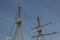 Two masts, rigging and shrouds on an old tall ship against a blue sky