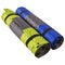 Two mats for hiking or camping, blue and green, twisted into a roll and lie next diagonally, on a white background