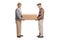 Two mature men holding a big cardboard box