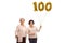 Two mature women with a number hundred balloon