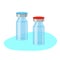 Two medical ampoules with medicine. Clear glass vaccine bottles. Red and blue covers. Coronovirus vaccine. Sketch Vector