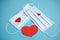 Two medical mask and red hearts symbols, valentine`s day in pandemic time concept