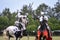 Two medieval knights confront during jousting tournament