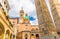 Two medieval towers of Bologna Le Due Torri: Asinelli and Garisenda and Chiesa di San Bartolomeo Gaetano church