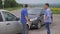 Two men arguing conflict after a car accident on the road car insurance. slow motion video. Two Drivers man Arguing